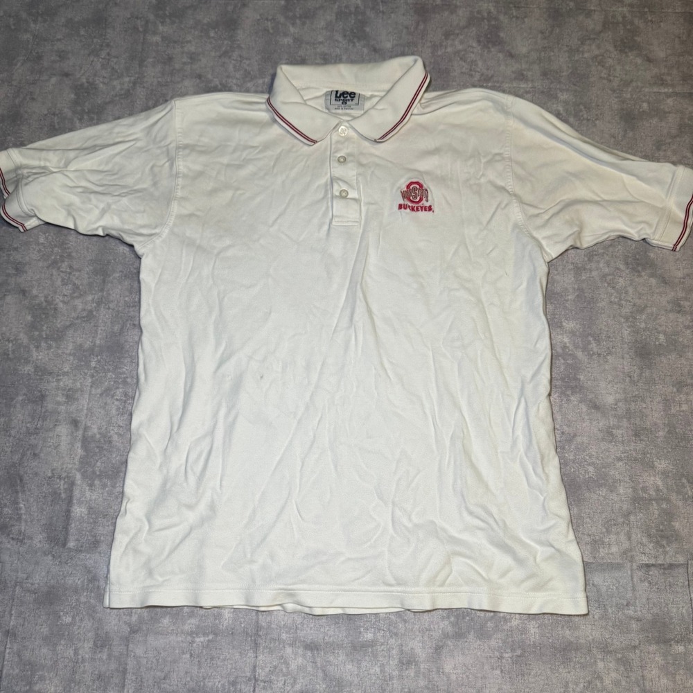 Vintage Lee Sport Ohio State Buckeyes Polo Shirt Mens Large White Red Cotton